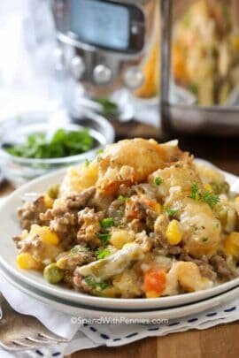 White plate with Crock Pot Tater Tot Casserole