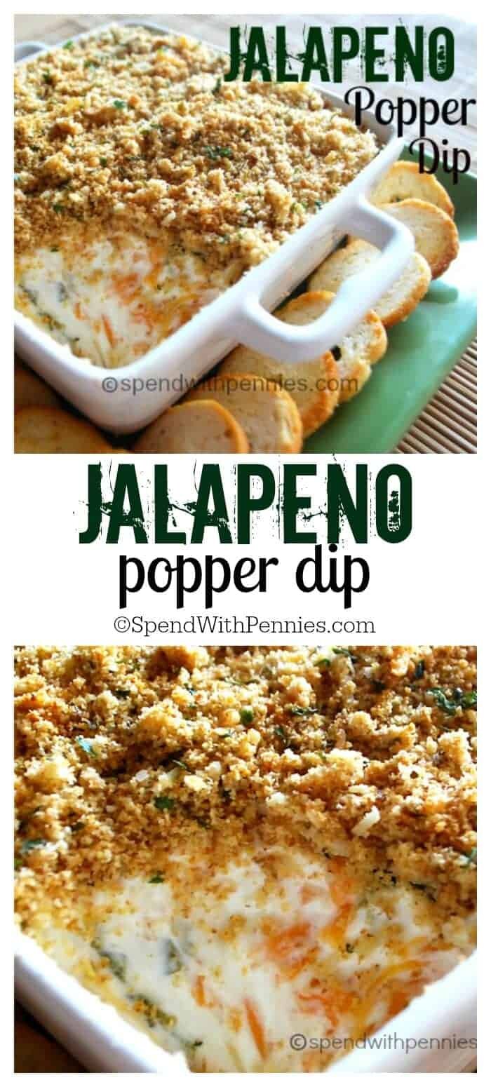 two images of Jalapeno Popper Dip with rich cream cheese, spicy diced jalapenos and sharp cheddar topped with crispy Panko bread crumbs