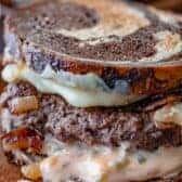 Homemade patty melts with onions and cheese