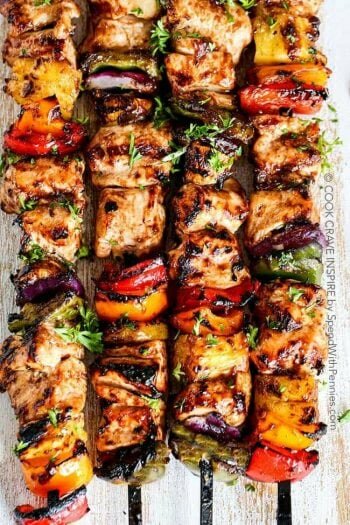 Overhead shot of grilled hawaiian chicken kabobs