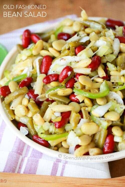 Old Fashioned Bean Salad in a white bowl with a title