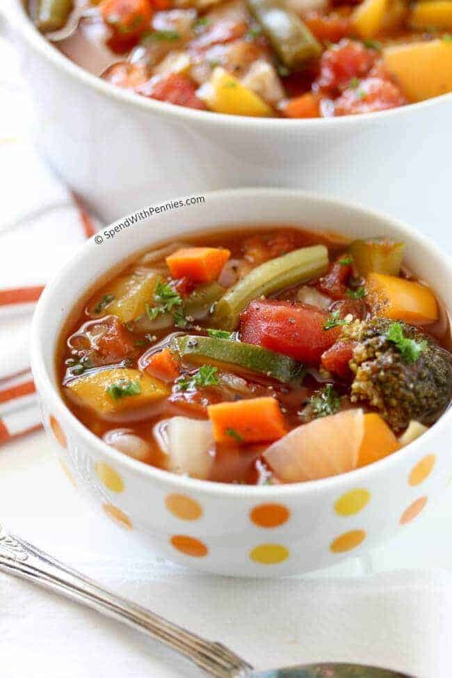 Weight Loss Vegetable Soup in a white bowl with orange and yellow dots