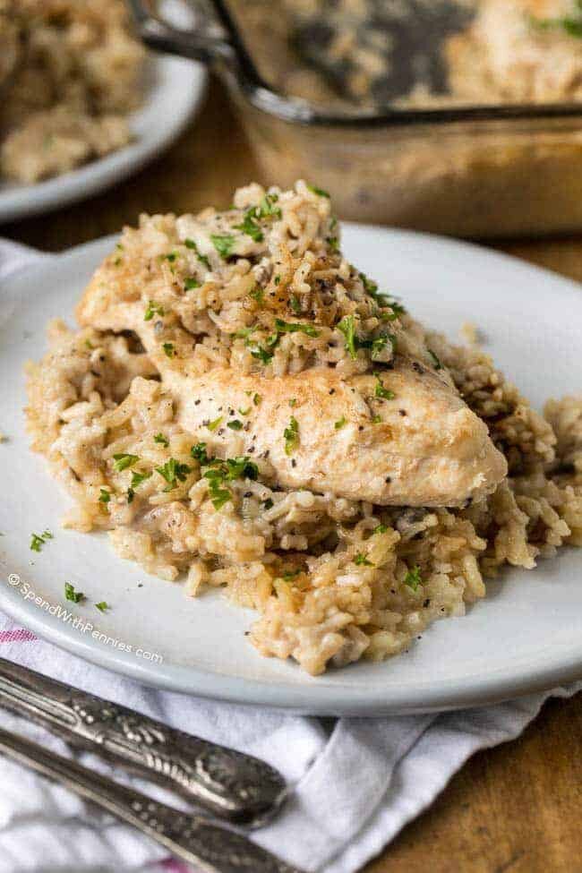 Chicken & Rice Casserole on a plate garnished with parsley