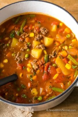 Hamburger Soup in bowl with spoon in it