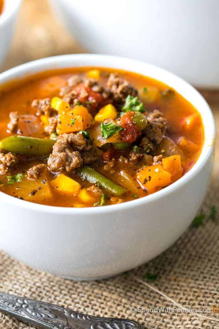 Hamburger Soup in bowl close up