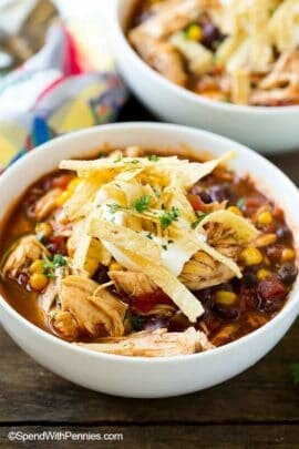 Crockpot Chicken Enchilada Soup in large white bowl