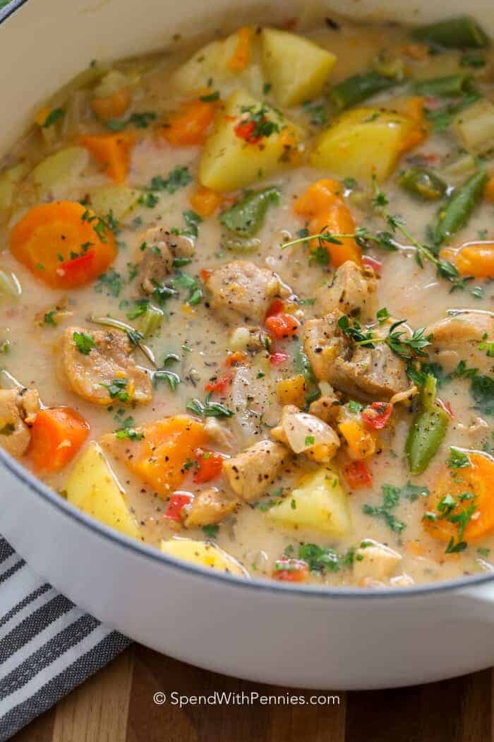 White pot full of Chicken Stew