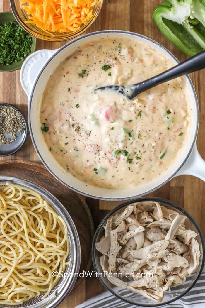 Chicken Spaghetti sauce and bowls of chicken, pasta and cheese