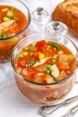 A bowl of chicken vegetable soup