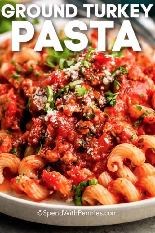 Ground Turkey Pasta Sauce on a white plate with writing