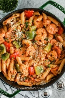 top view of Cajun Shrimp Pasta in the pot