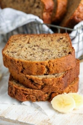 a stack of slices of banana bread