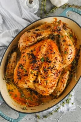 top view of Buttery Garlic Roast Chicken in the pot