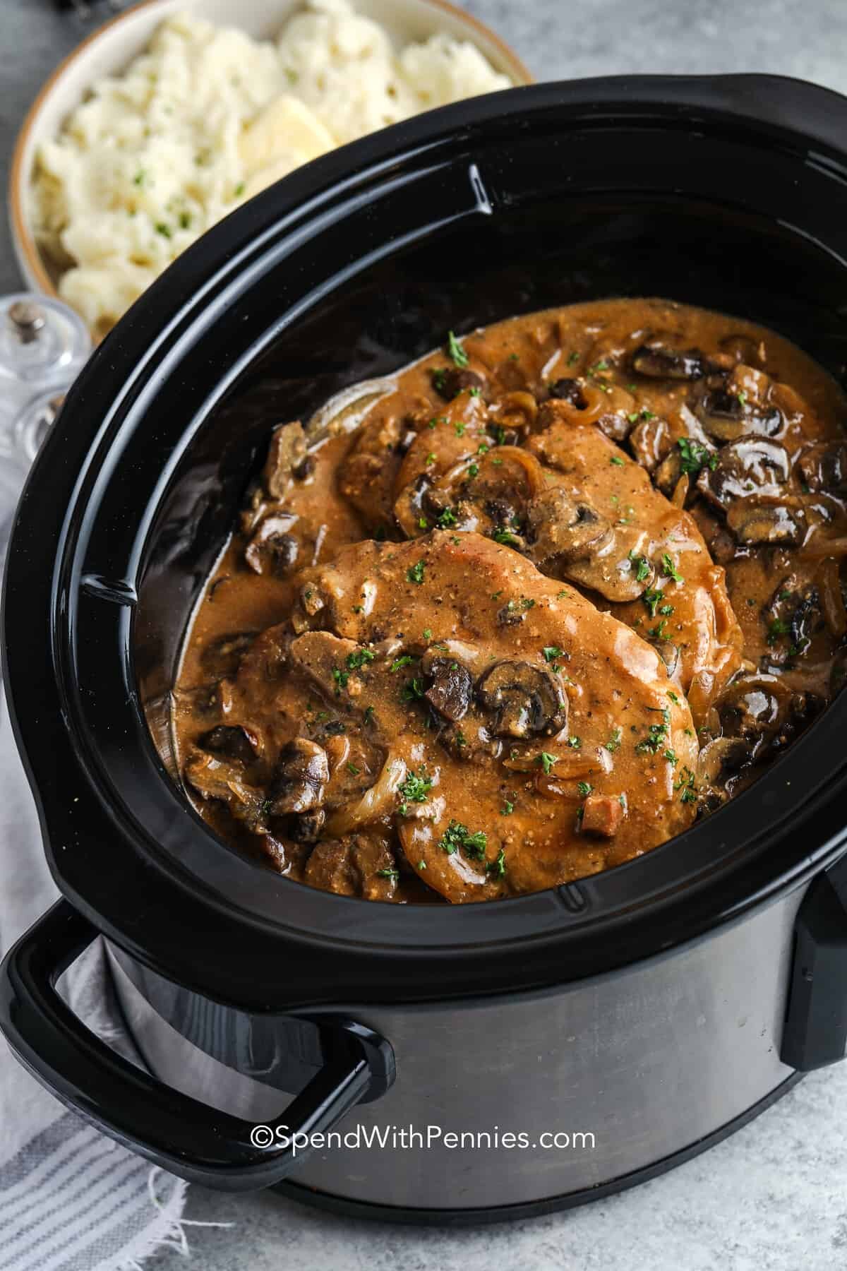 cooked Crock Pot Pork Chops in the crockpot