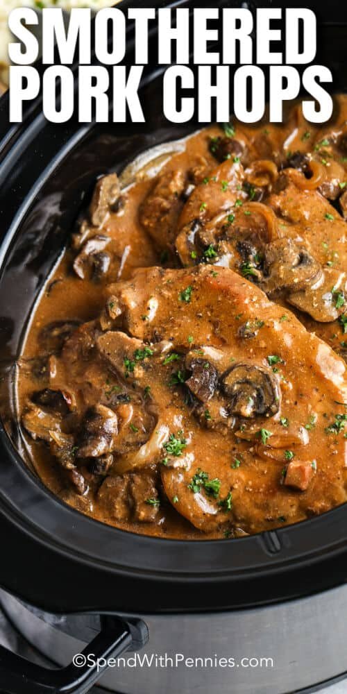 crock pot full of Crock Pot Pork Chops with writing