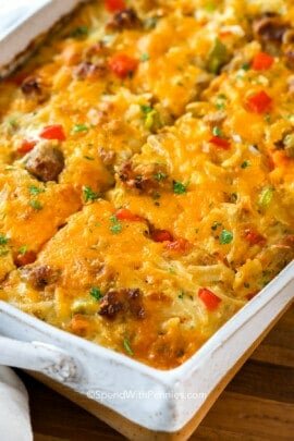 hashbrown breakfast casserole cut in a baking pan