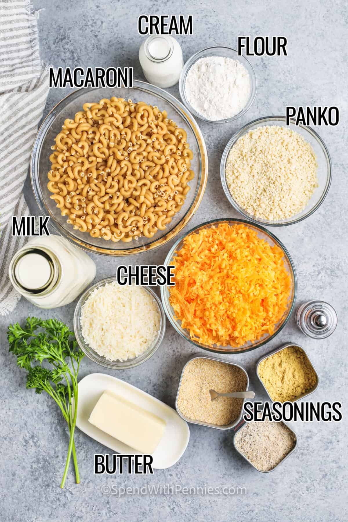 cream , flour , panko , macaroni , milk , cheese , butter and seasonings with labels to make Baked Mac and Cheese