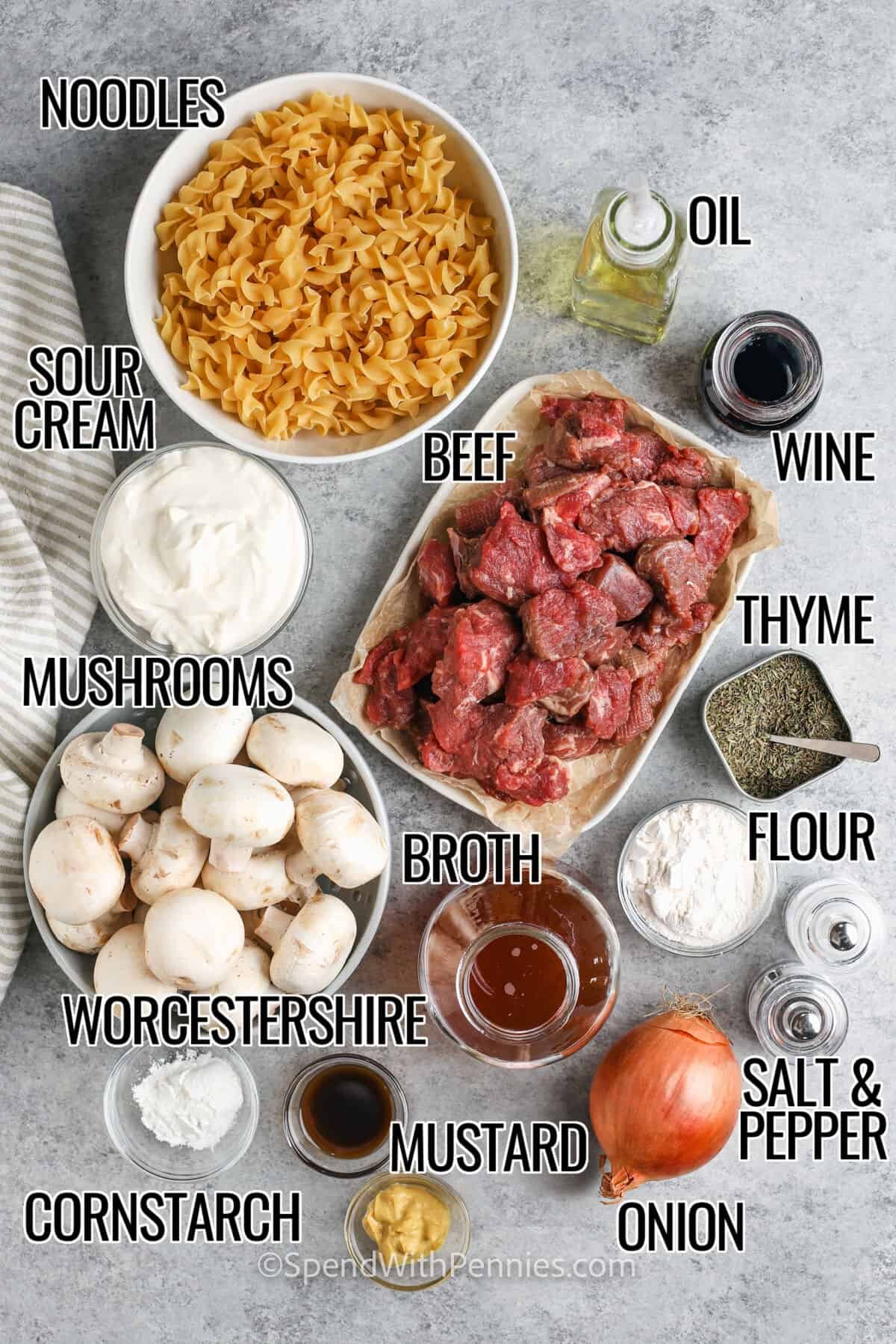 noodles , sour cream , beef , oil , wine , thyme , flour , broth , Worcestershire , cornstarch , mustard and onion with labels to make Instant Pot Beef Stroganoff