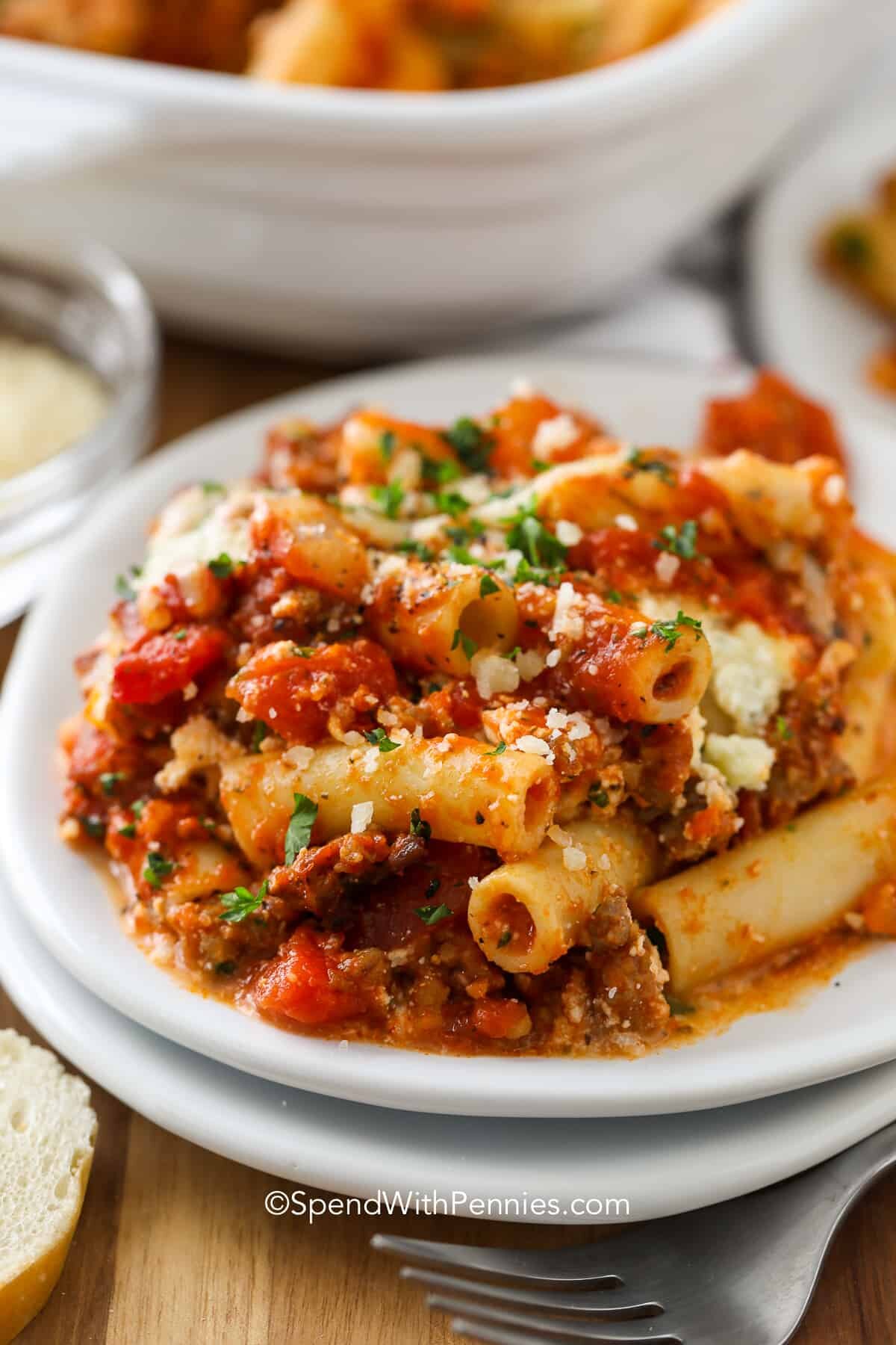 baked ziti in a bowl with a fork 