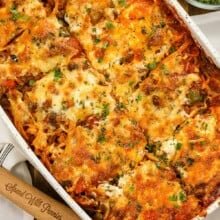 baked spaghetti sliced in a casserole dish