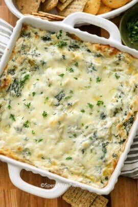 baked Spinach Artichoke Dip in a dish