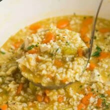 pot of Chicken Rice Soup with a ladle