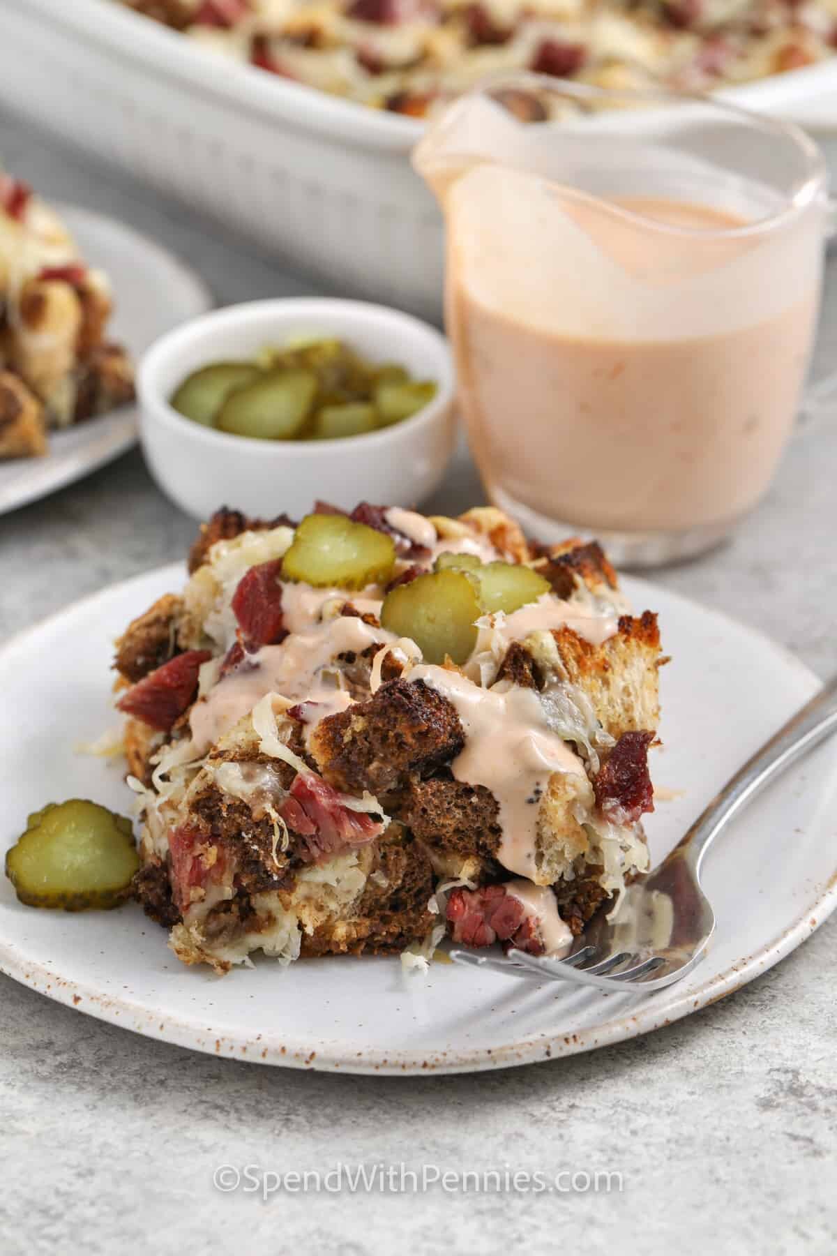 plated slice of Reuben Casserole