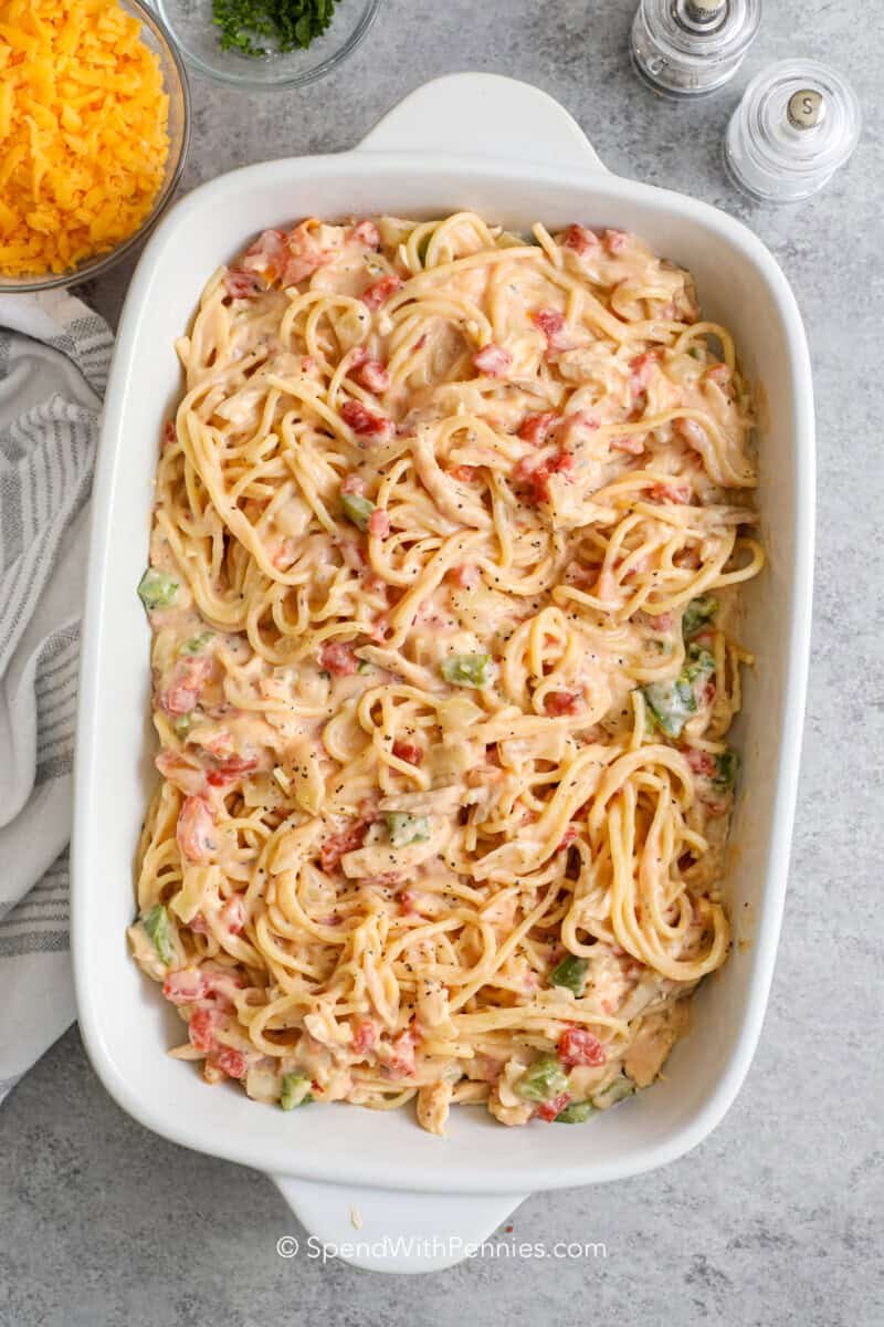 chicken spaghetti in a baking dish