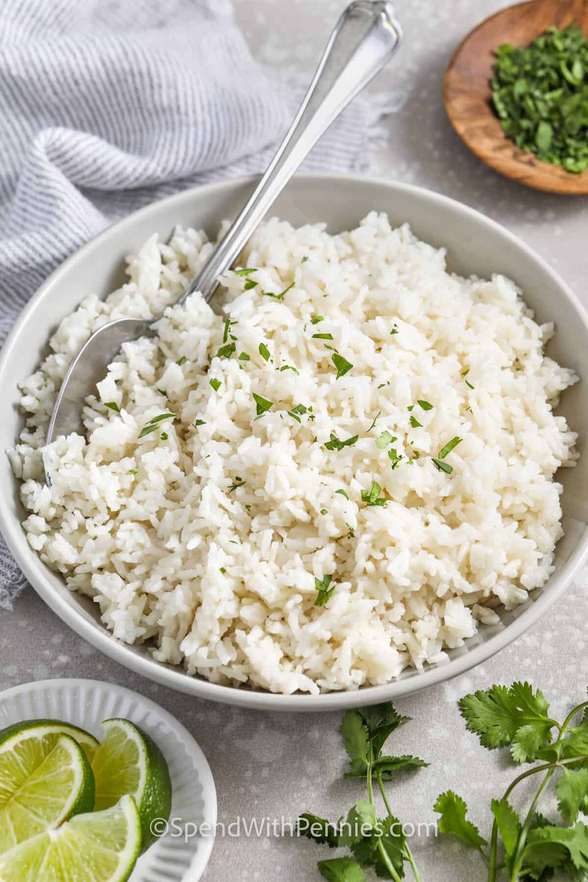 Coconut Rice in a bowl with a spoon