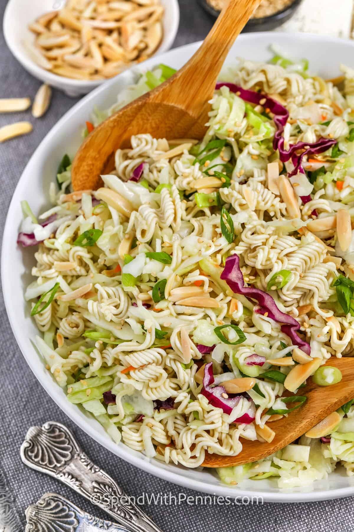 mixing Ramen Noodle Salad in a bowl