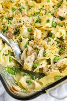 Easy Chicken Noodle Casserole in a casserole dish