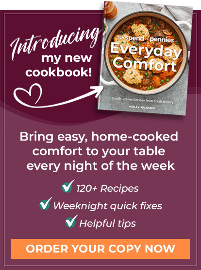 A banner showing Spend with Pennies cookbook Everyday Comfort with a button to order.